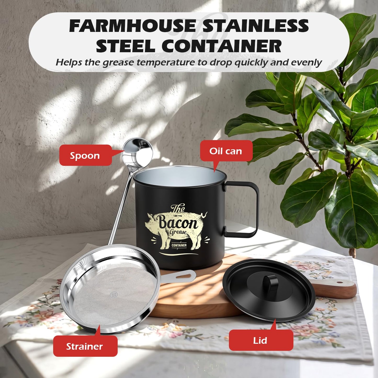 PGYARD Mini Bacon Grease Saver With Strainer - 20 OZ Stainless Steel Oil Container, Farmhouse Bacon Grease Keeper For Kitchen Fat Storage, Dishwasher Safe-Black