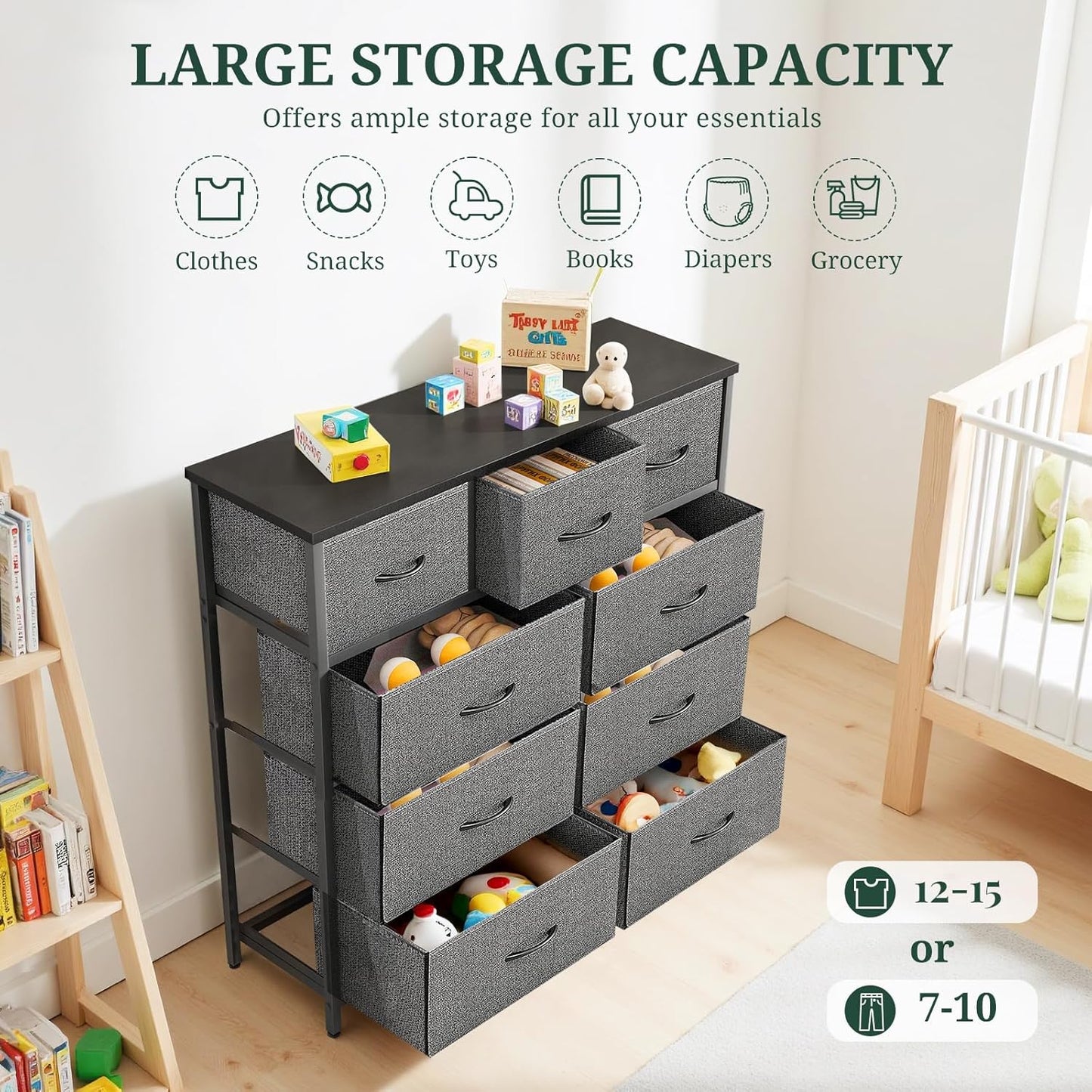 Regine Switzerland 9-Drawer Dresser - Anti-Tip Tall Storage Organizer with Wooden Top & Metal Frame | Gray