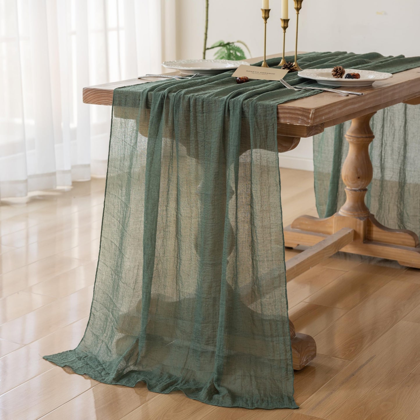 Keketoarrange 10pcs Forest Green Rustic Cheesecloth Table Runner 120 Inch 10 FT for Wedding Baby Shower Bridal Shower Birthday Engagement Garden Outdoor Party Long Sheer Boho Decorations