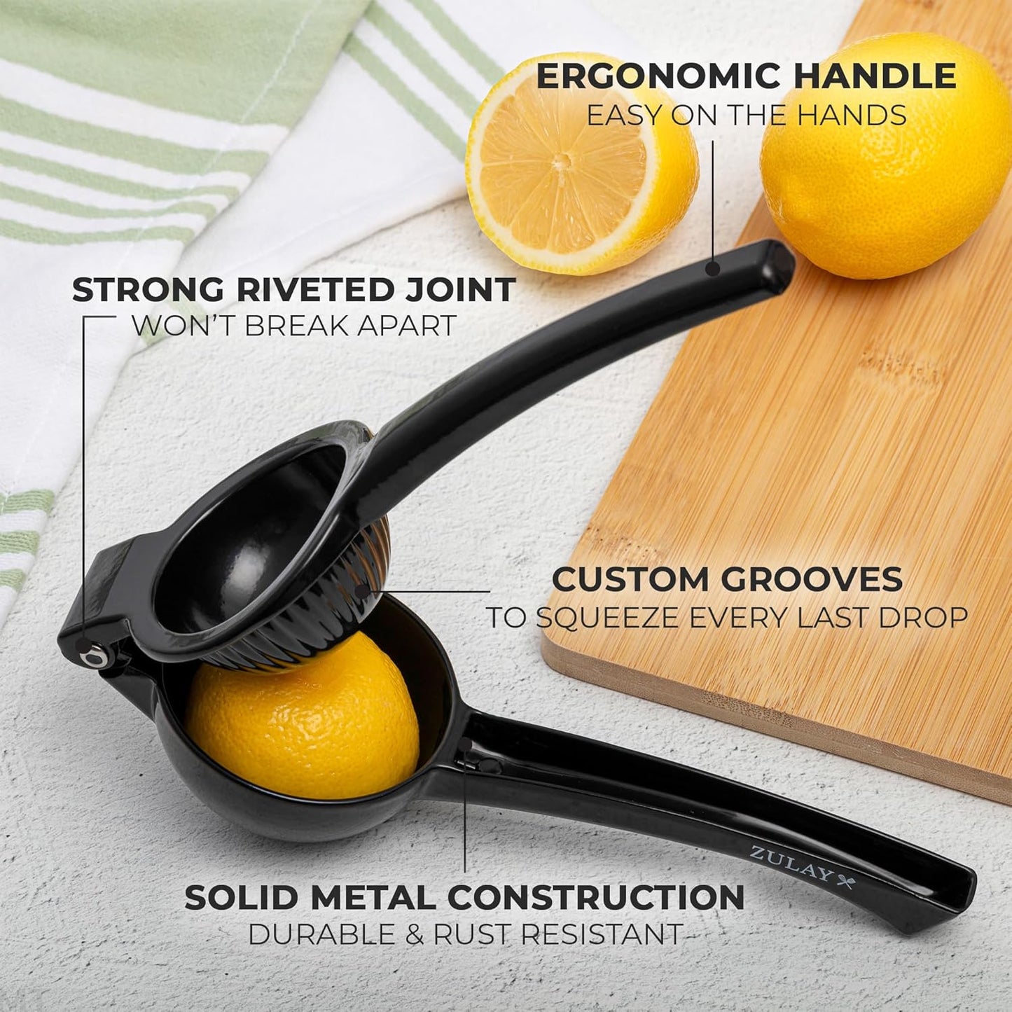 Zulay Premium Metal Lemon Squeezer - Manual Citrus Juicer for Maximum Juice Extraction | Black