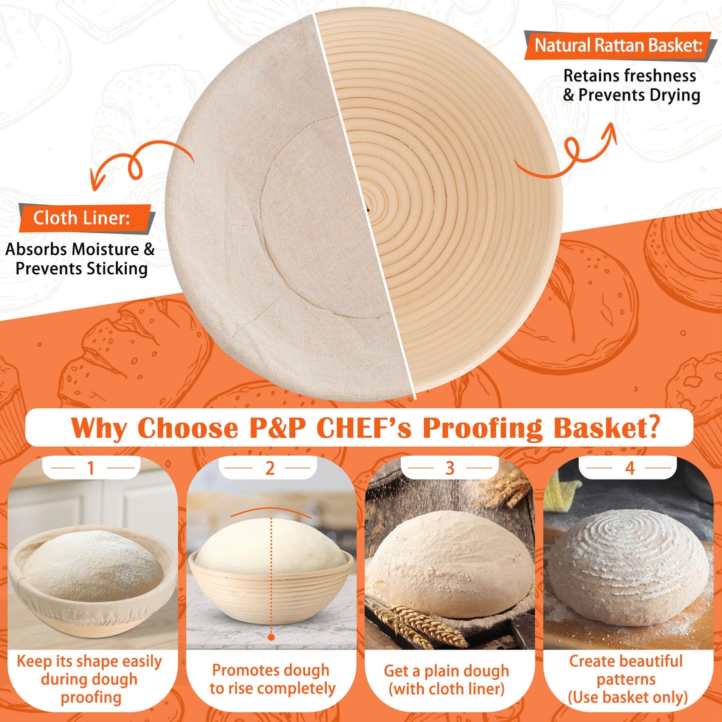 P&P CHEF Complete Sourdough Starter Kit, Sourdough Bread Baking Supplies Set, 9'' Round Bread Proofing Basket with Other Dough Making Tools, Ideal for Bread Making Baking Fermentation