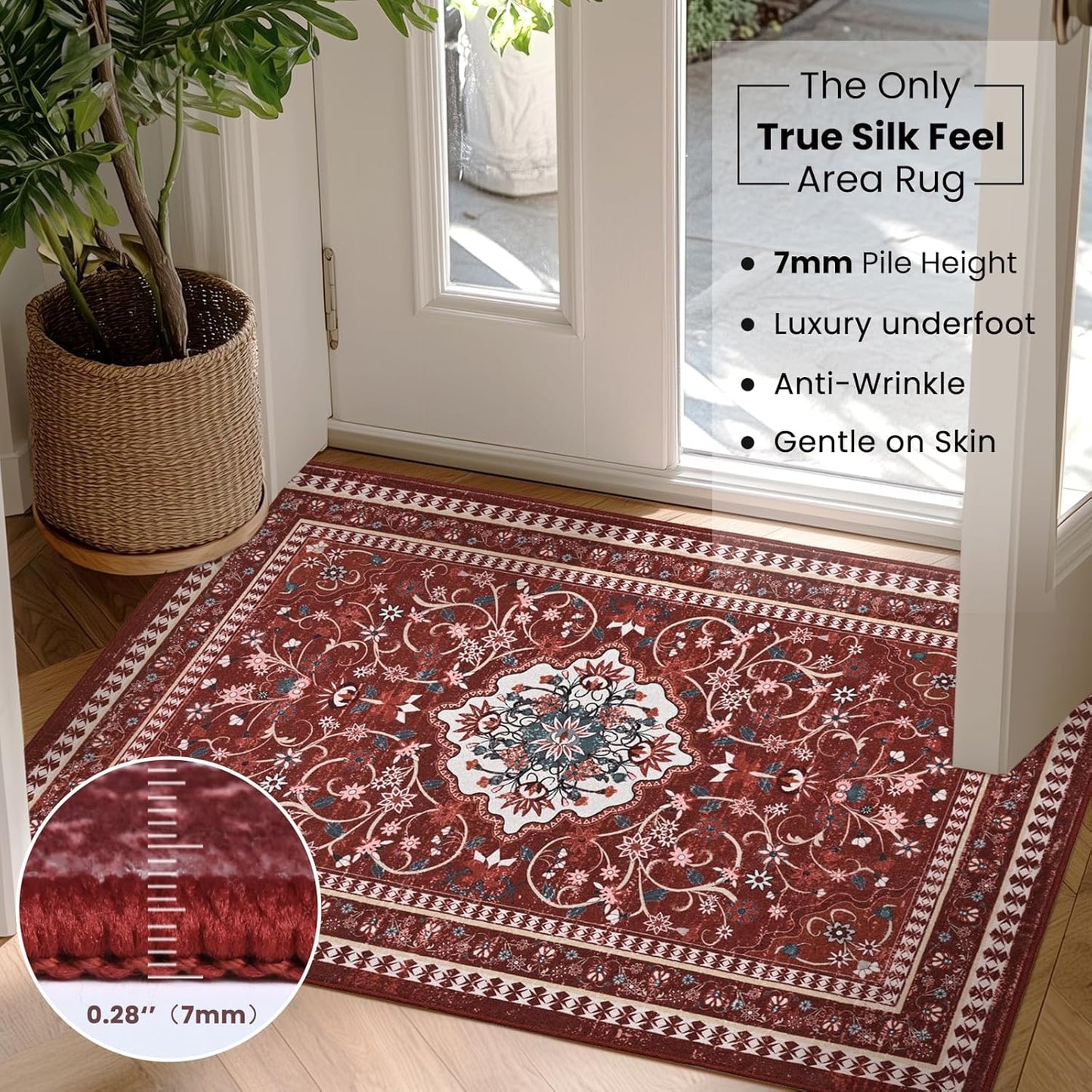 Regine Switzerland Non-Slip Red Entryway Rug - Washable Boho Low Pile Mat | 2' x 3' Indoor Area Rug