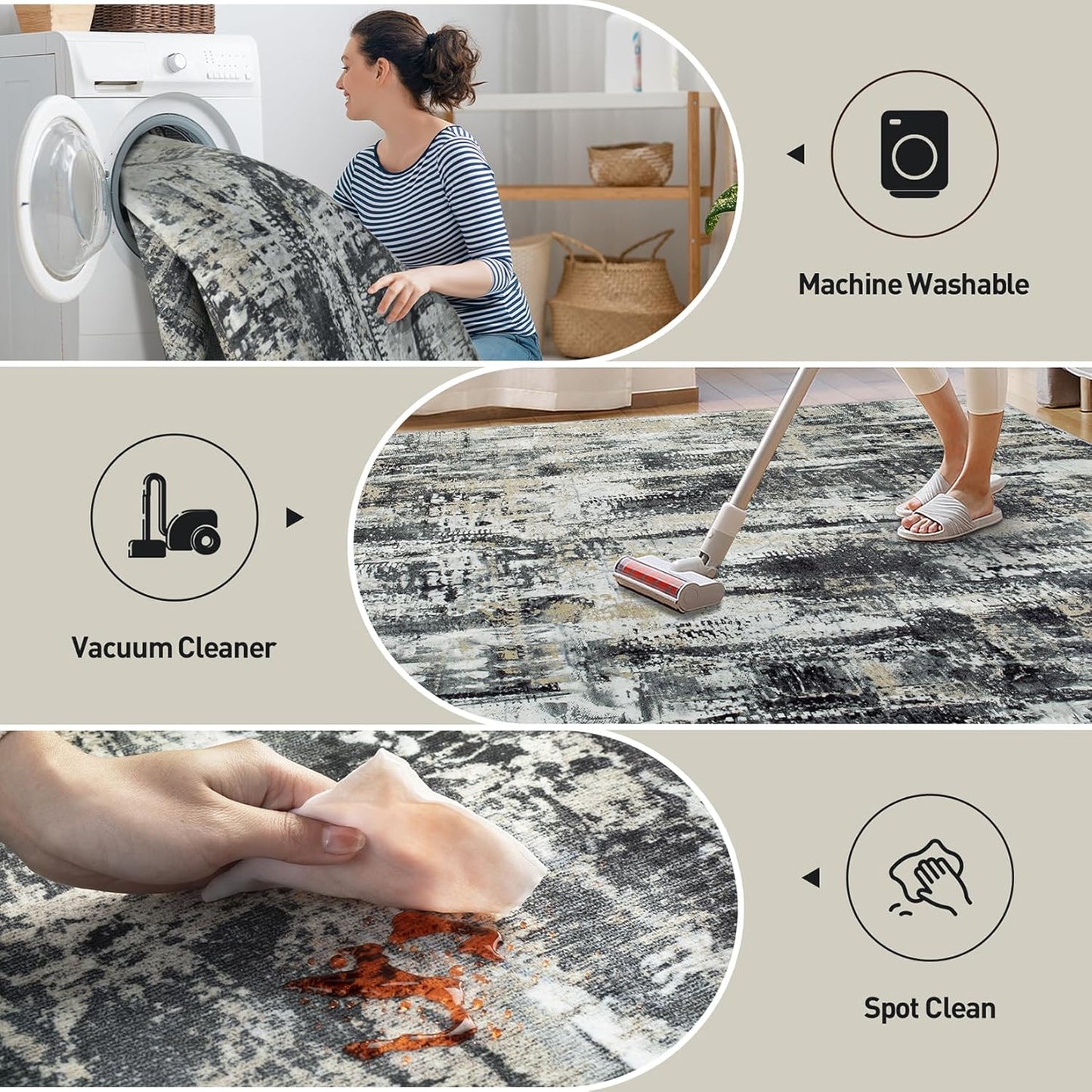 Skiennix 8x10 Area Rug - Washable Modern Abstract Design | Soft Anti-Skid Carpet in Black, Grey & Gold