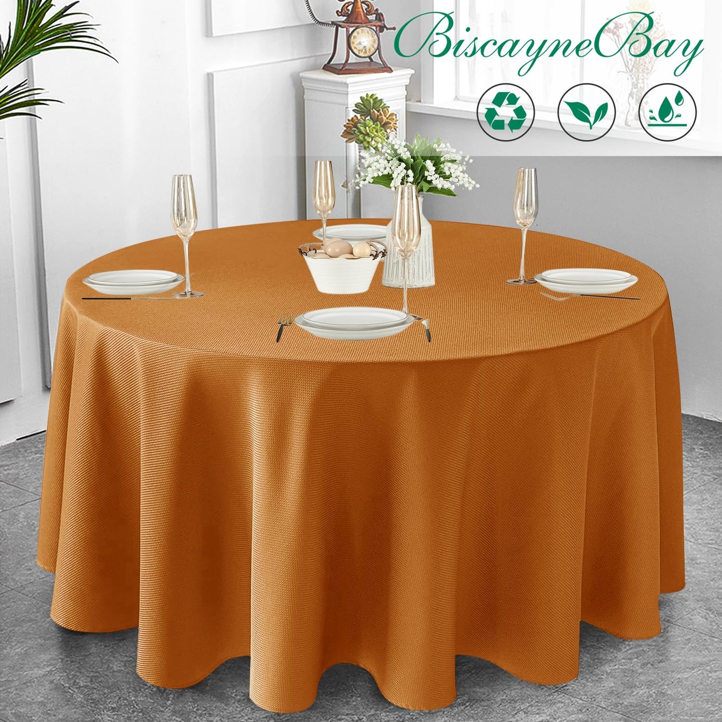 Biscaynebay Fall Tablecloth Textured Fabric Round Tablecloths 90", Bronze Thanksgiving Autumn Harvest Water Resistant Fabric Tablecloths for Kitchen, Dining, Wedding, Parties Machine Washable