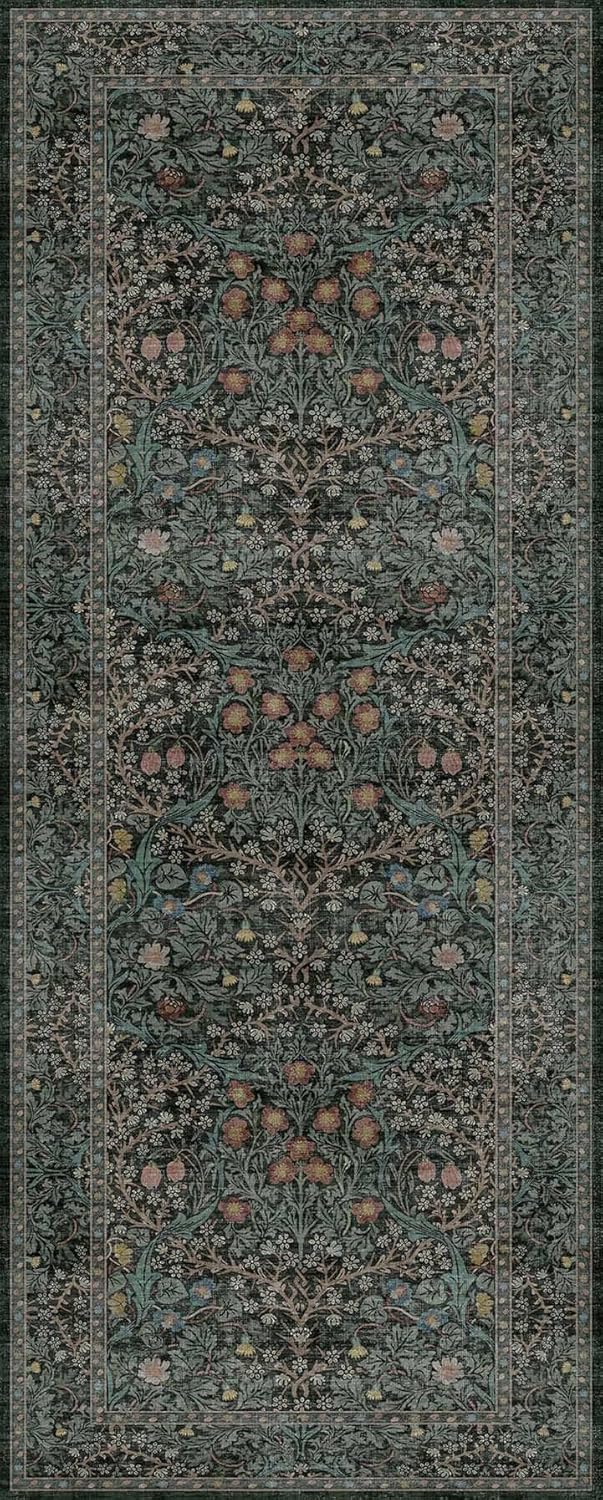 Skiennix Dark Green 2x5 Runner Rug - Non-Slip & Washable Floral Boho Design for Indoor Use