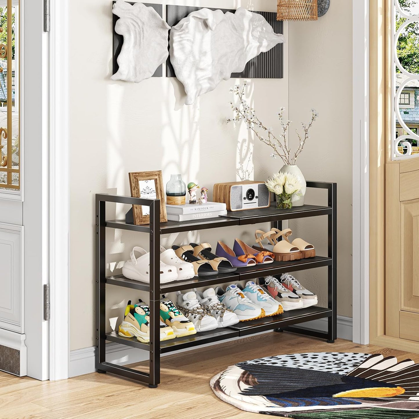 Simple Trending 3-Tier Expandable Shoe Rack - Adjustable Metal Mesh Organizer for Closet & Entryway, Black