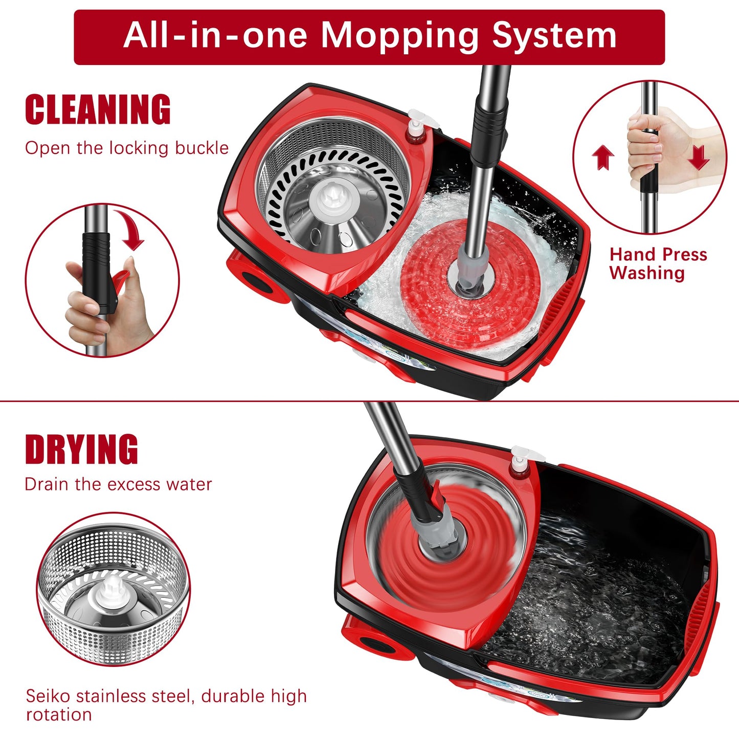 FunClean 360° Spin Mop and Bucket Set with Wringer, 6 Extra Microfiber Heads, 61" Extended Handle for Effortless Floor Cleaning, 2X Wheel Design - Black
