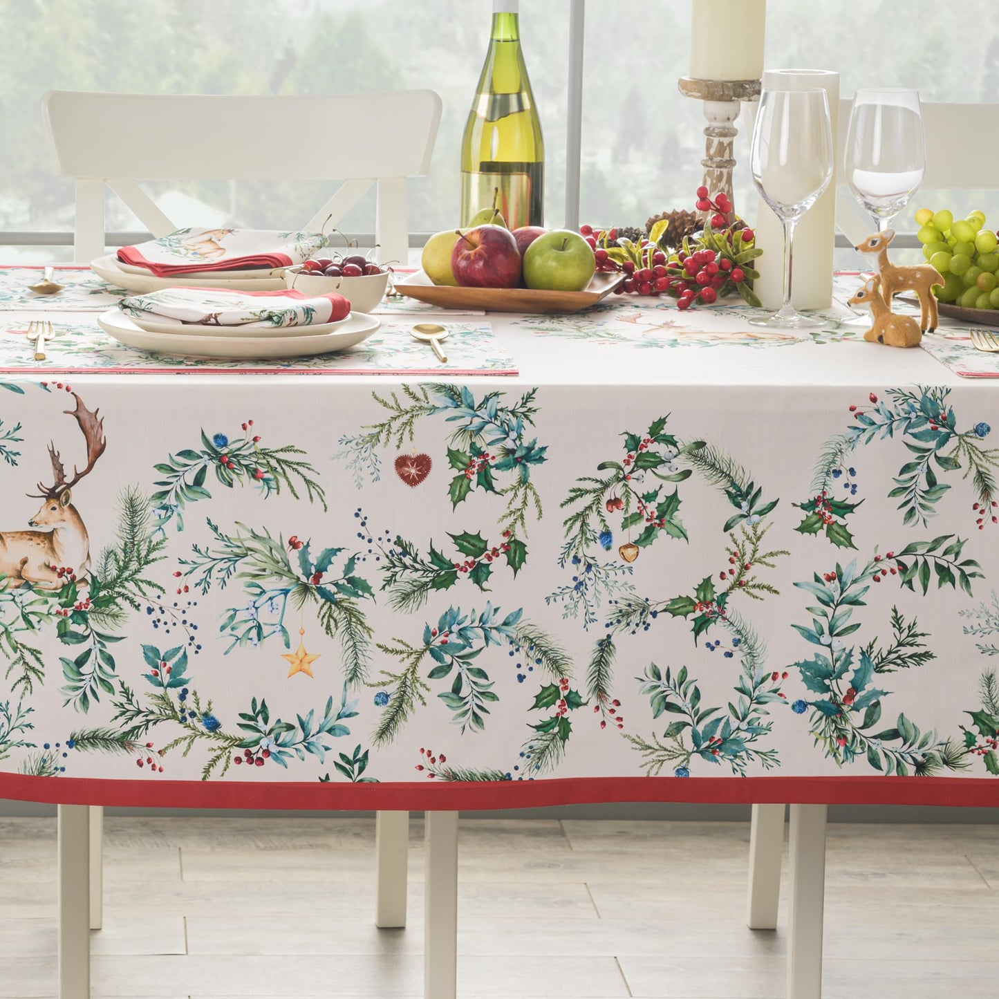 Maison d' Hermine Table Cloth Rectangle Table 100% Cotton 70 x 140 Inches Fall Tablecloth Reusable Everyday Use for Thanksgiving Christmas Decorations Dining Farmhouse Party (Holly Time)