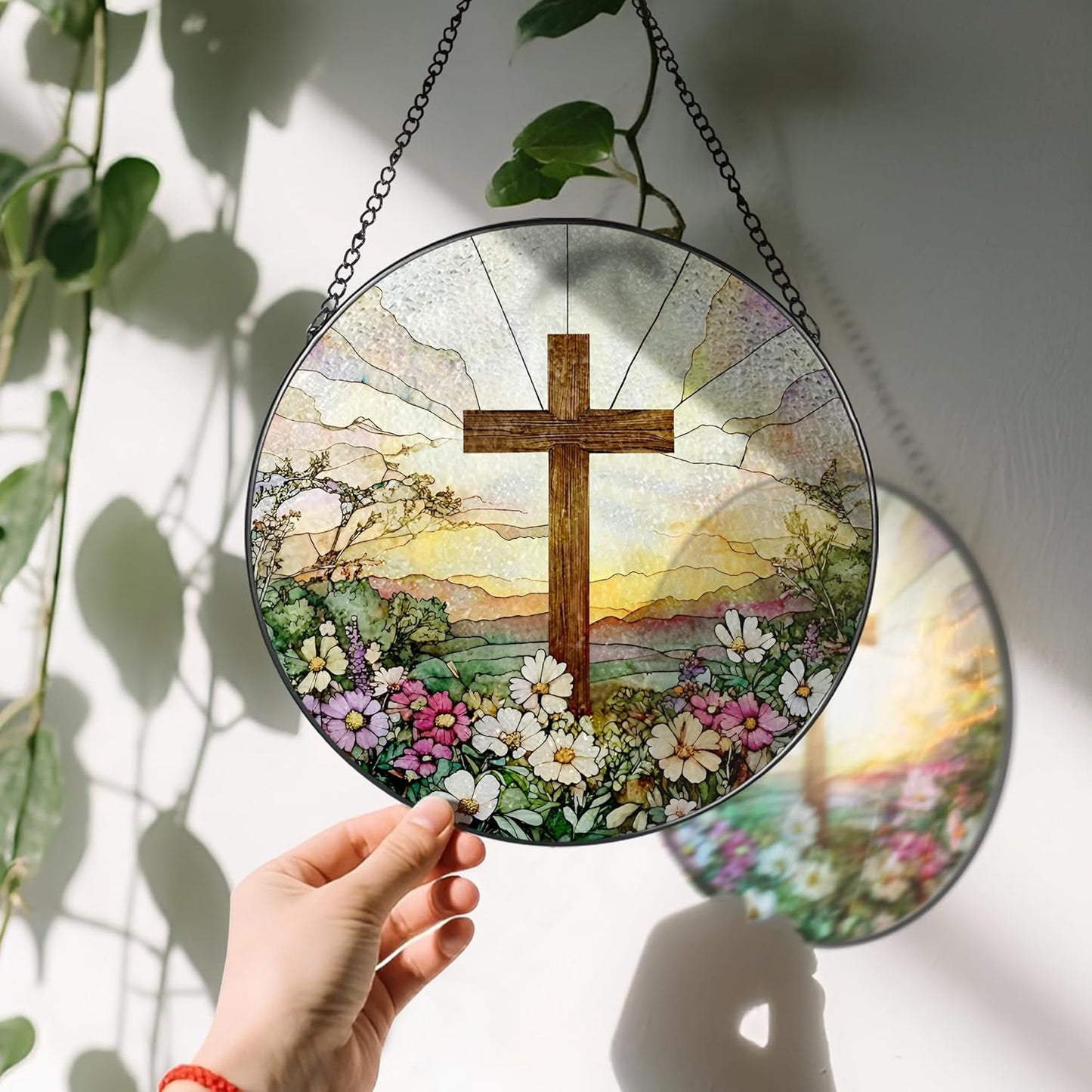 Skiennix 8-Inch Stained Glass Cross Suncatcher - Beautiful Wildflower Design for Easter & Home Decor