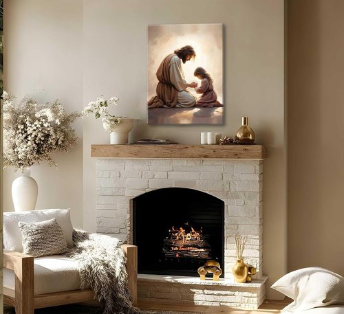 Jesus Praying with Girl Canvas Wall Art - Christian Spiritual Poster for Home Decor | Framed Bible Story Print
