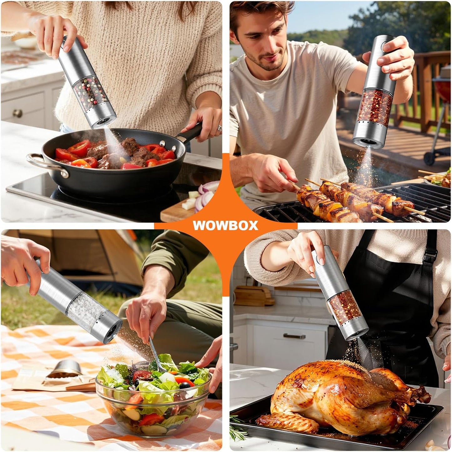 WOWBOX Electric Salt and Pepper Grinder Set - 2 PCS Stainless Steel, Rechargeable with 95L Capacity