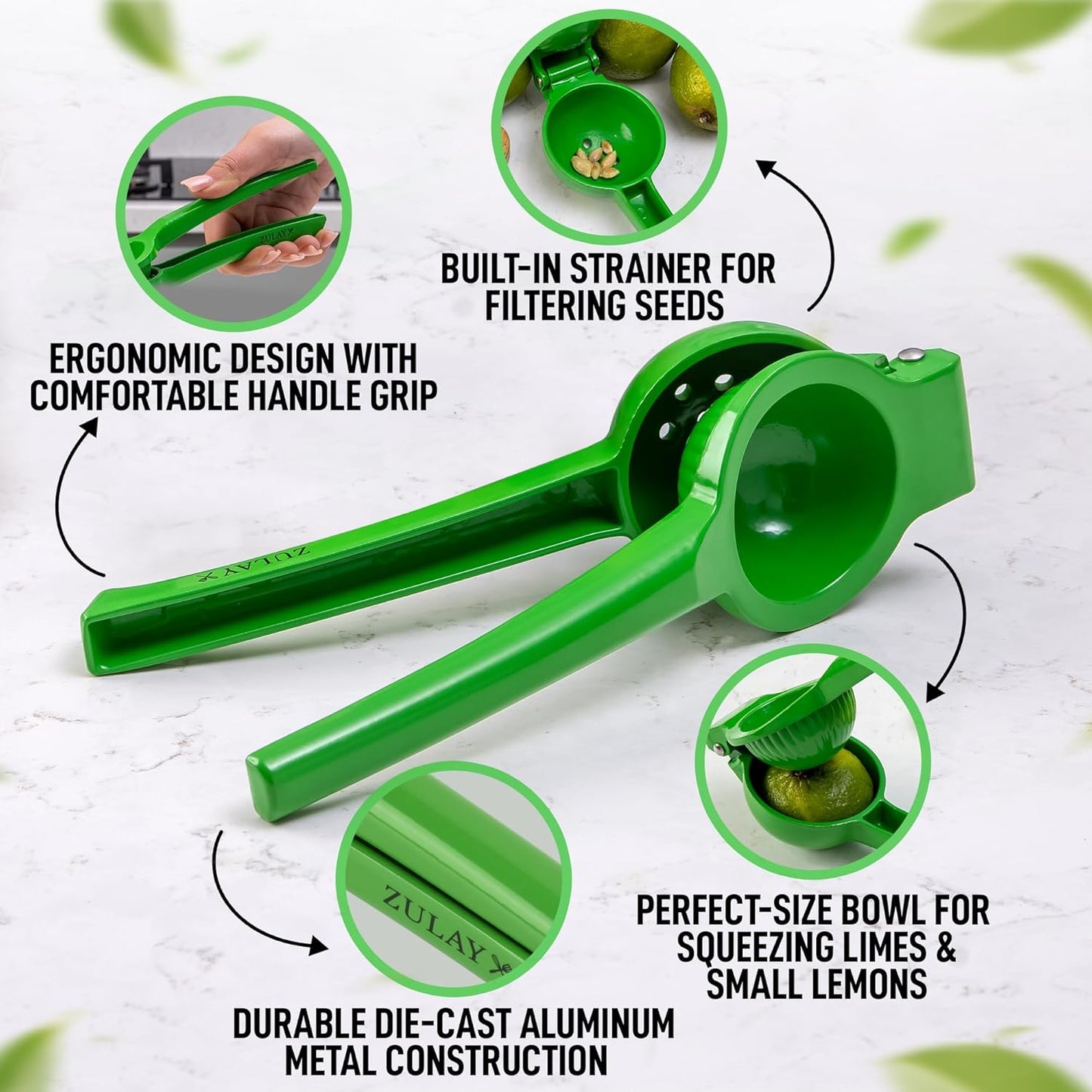 Zulay Metal Lime Squeezer - Heavy-Duty Citrus Juicer for Maximum Juice Extraction - Ergonomic Green Manual Press