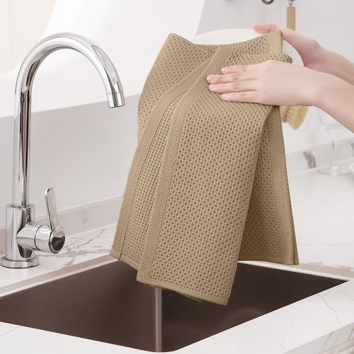 Homaxy 100% Cotton Waffle Weave Kitchen Dish Towels, Ultra Soft Absorbent Quick Drying Cleaning Towel, 20x28 Inches, 4-Pack, Tan