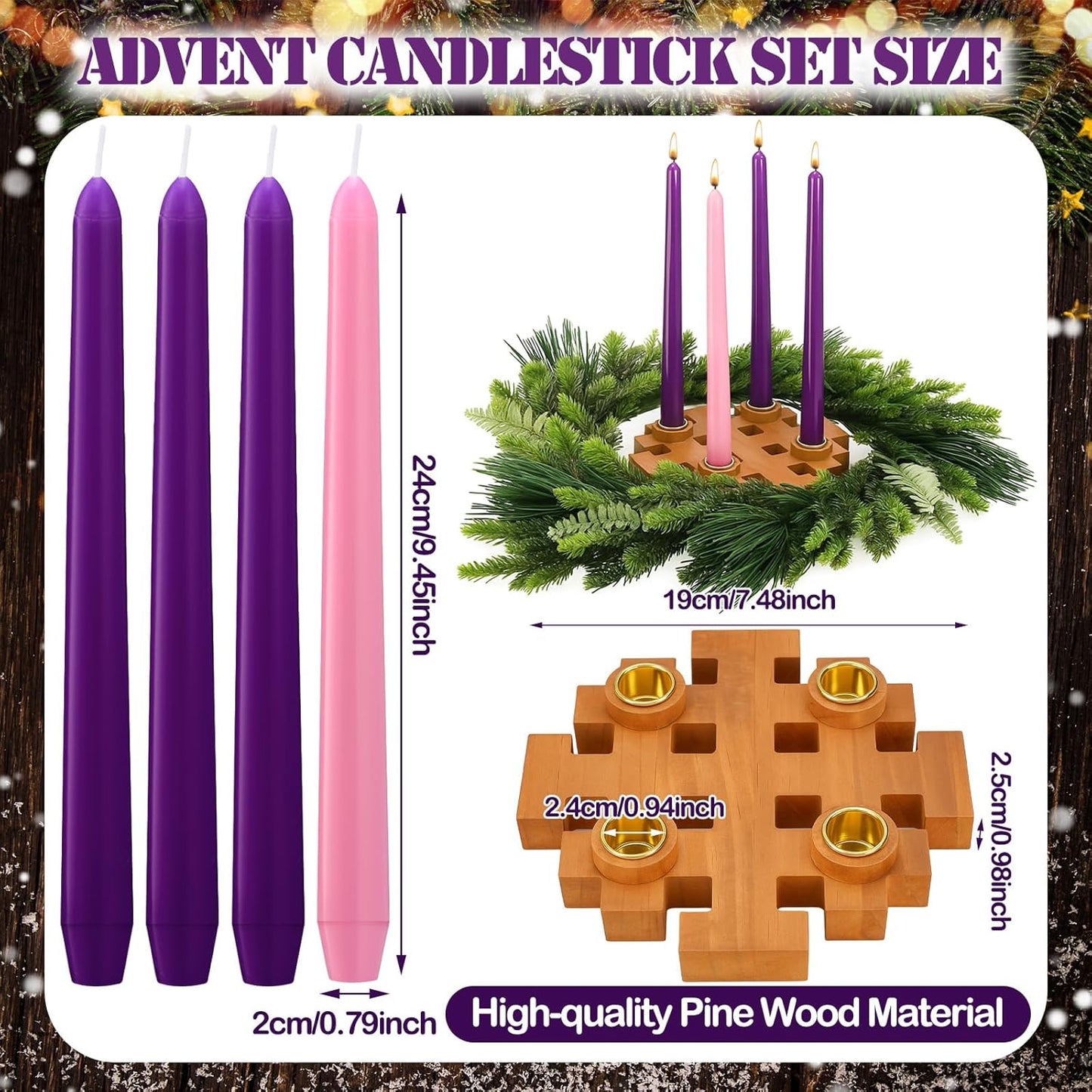 Mumufy Advent Candle Holder Set - 5 Pcs Snowflake Wooden Centerpiece with Purple & Pink Taper Candles