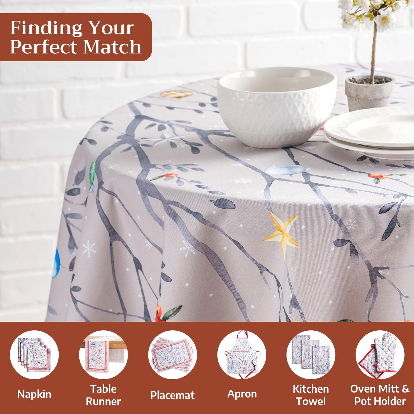 Maison d' Hermine Table Cloth Round Table 100% Cotton 63 Inches Fall Tablecloth Reusable Everyday Use for Thanksgiving Christmas Decorations Dining Farmhouse Party (Fairy Christmas)