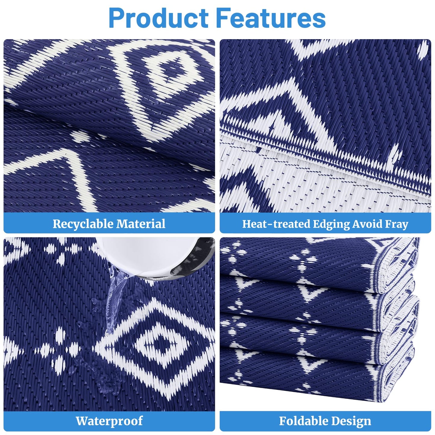 StepRite 8’ x 10’ Reversible Outdoor Rug, Waterproof Plastic Straw Rug, Patio Rug, Large Modern Area Rug Carpet, Indoor Outdoor Rugs for Camping, Porch, Deck, Balcony, Backyard, RV, Picnic(Blue)