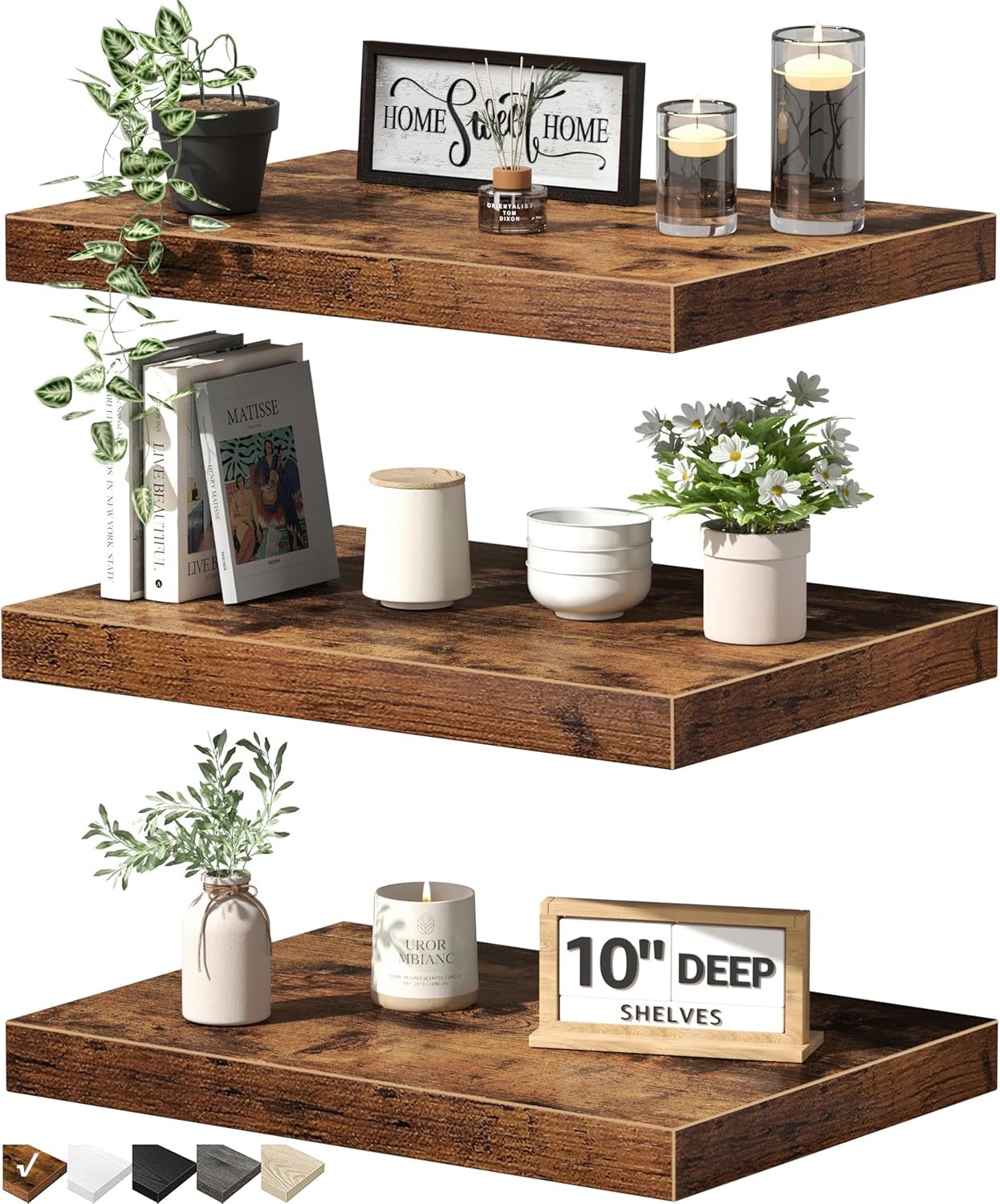 QEEIG 10" Deep Floating Shelves - Rustic Brown Set of 3 for Bathroom, Bedroom & Living Room