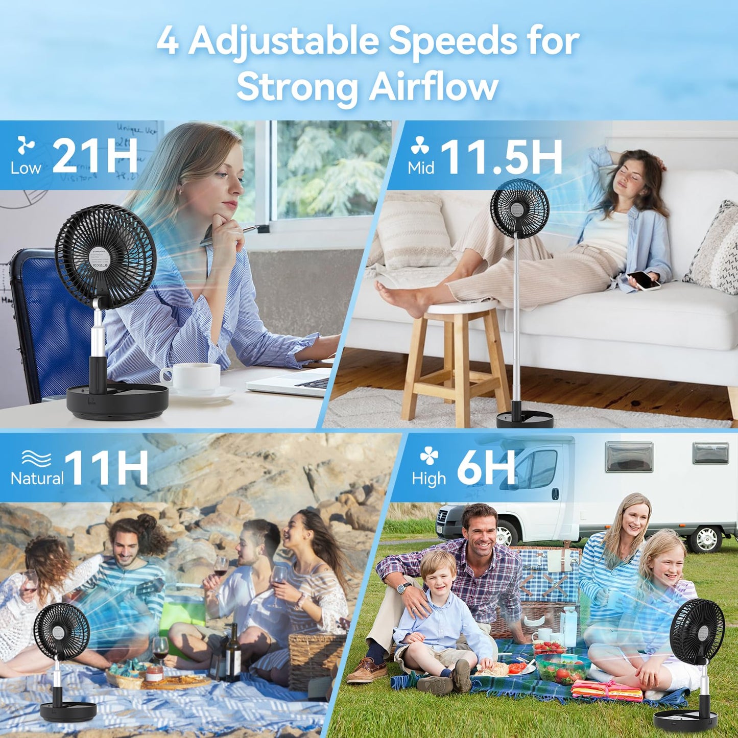 Primelove Portable Oscillating Rechargeable Fan, Battery Operated with 4 Speed Settings & Remote Control, Desk Travel Fan for Sleeping, Camping, Cruise, RV - Black 8" USB C