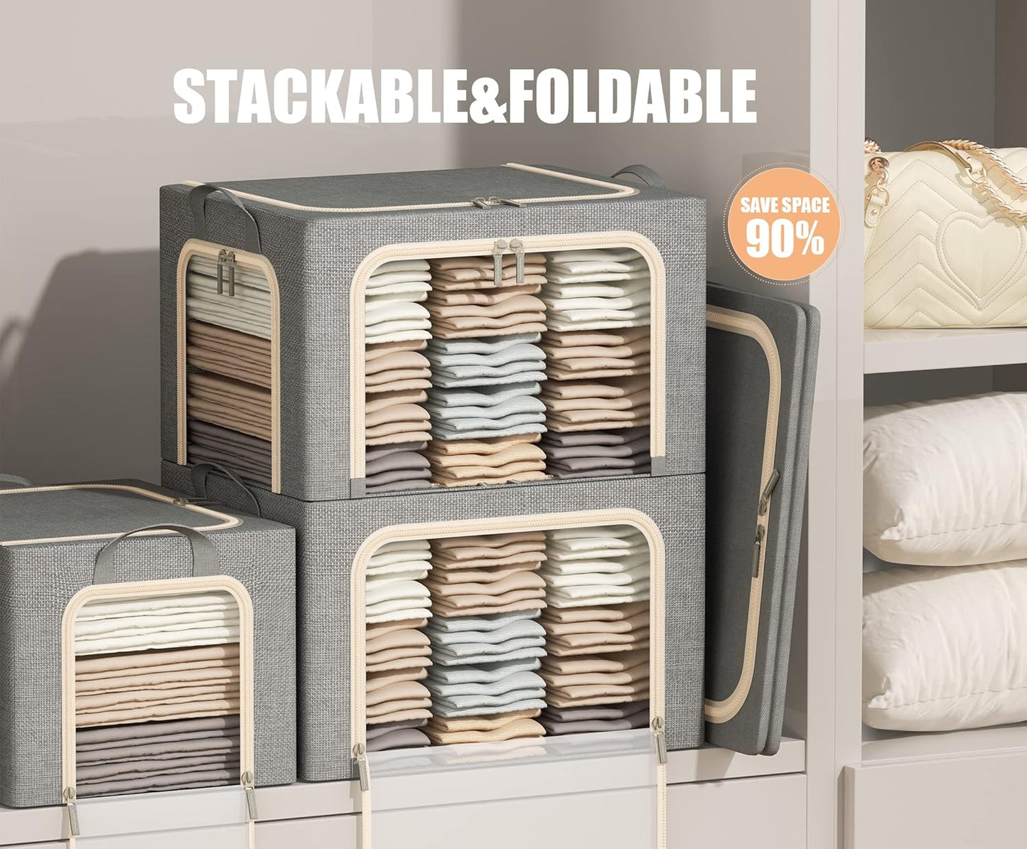 Skiennix Foldable Clothes Storage Bins - 3 Pack with Metal Frame, Clear Window & Durable Handles | Light Grey, 40L