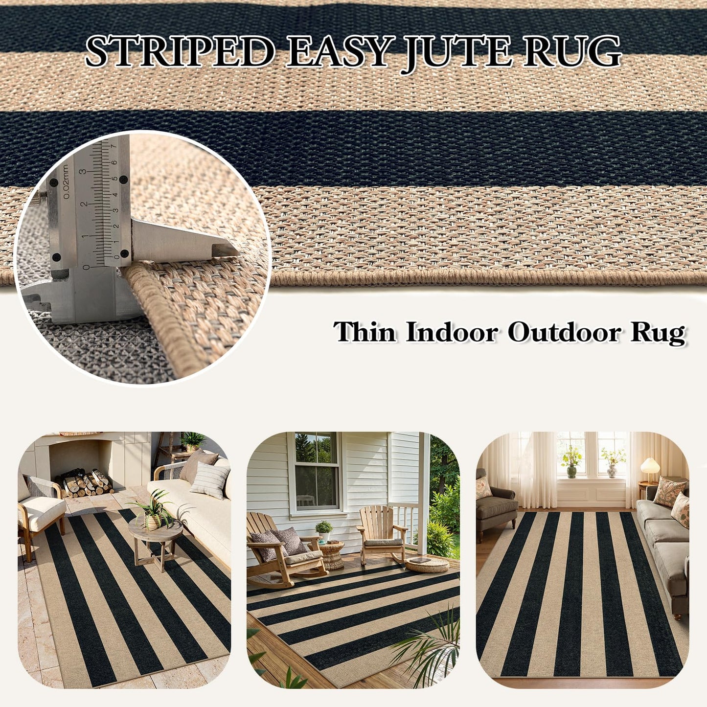 Lahome Elance Striped Easy Jute Outdoor Rug 5x7, Large Neutral Dining Living Room Rug, Farmhouse Non Slip Non Shedding Washable Indoor Outdoor Black Carpet for Office Deck Patio Backyard Bedroom