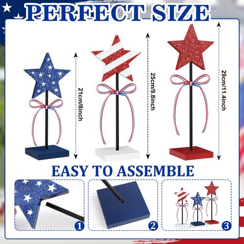 Hedeey 4th of July Tiered Tray Decor Wooden Star Set, 3 Pcs Memorial Day Table Decorations, Rustic Patriotic Tabletop Home Decor, Red White and Blue Decorations for Home (Shiny)