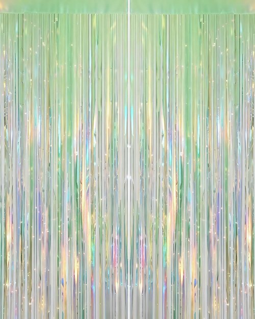 Iridescent Green Party Streamers - 2 Pack Neon Holographic Tinsel Foil Fringe Curtains | 3.31 x 6.6 ft