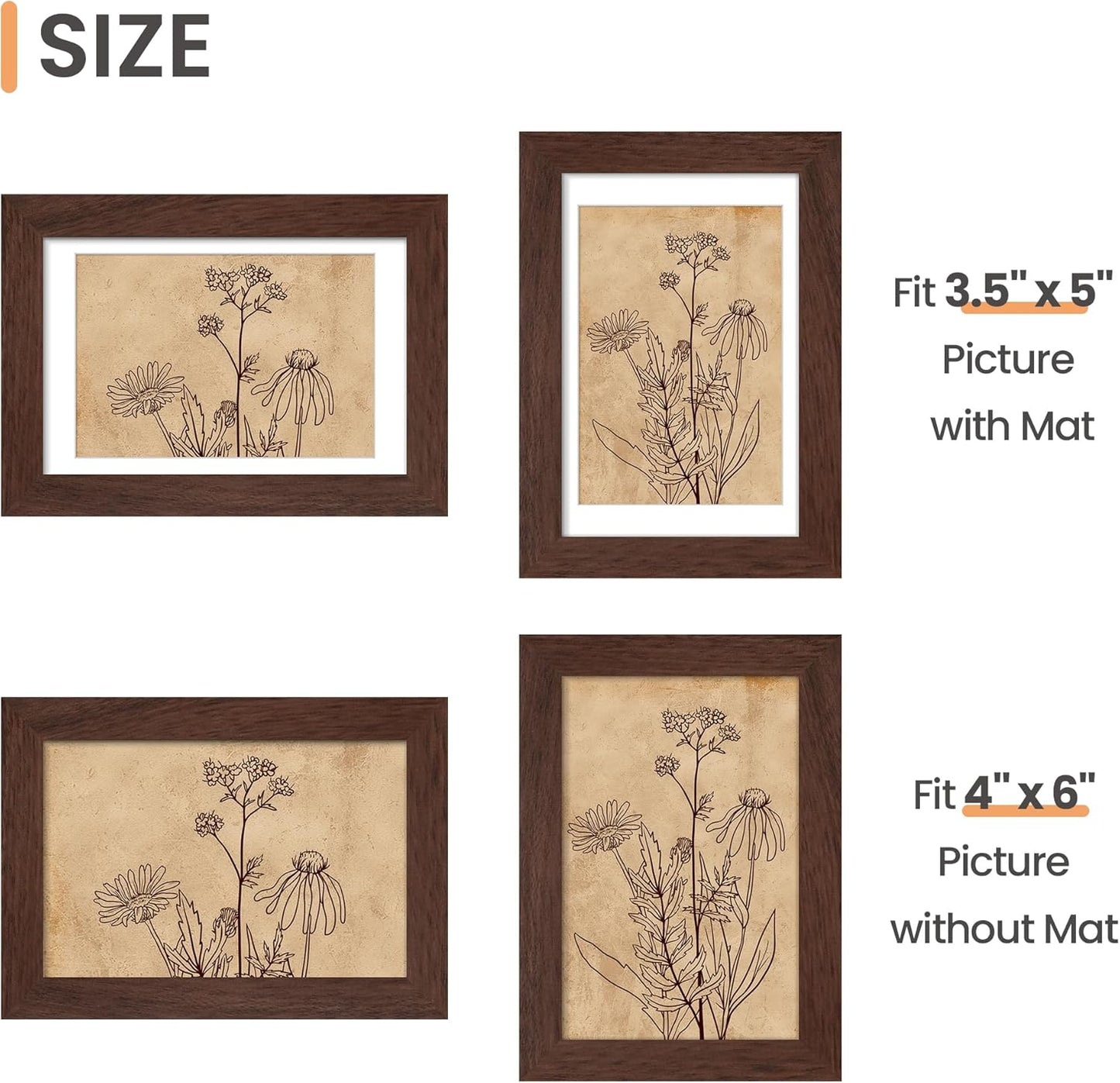 Upsimples 4x6 Picture Frame - Versatile Wall Hanging Design for 3.5x5 or 4x6 Photos - Brown, 1 Pack