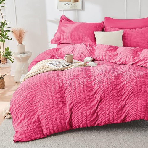 HYMOKEGE California King Comforter Set - Hot Pink Seersucker 7-Piece Luxury Bedding Set