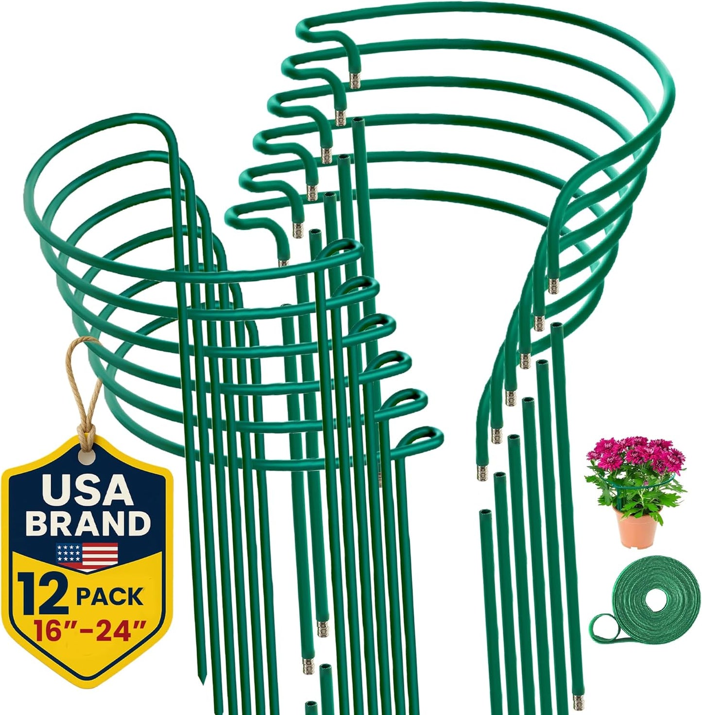 Plant Support Stakes | 12 Pack Tall Garden Stakes for Indoor & Outdoor Use - Ideal for Peonies, Hydrangeas & Roses (10" W x 16" - 24" H)