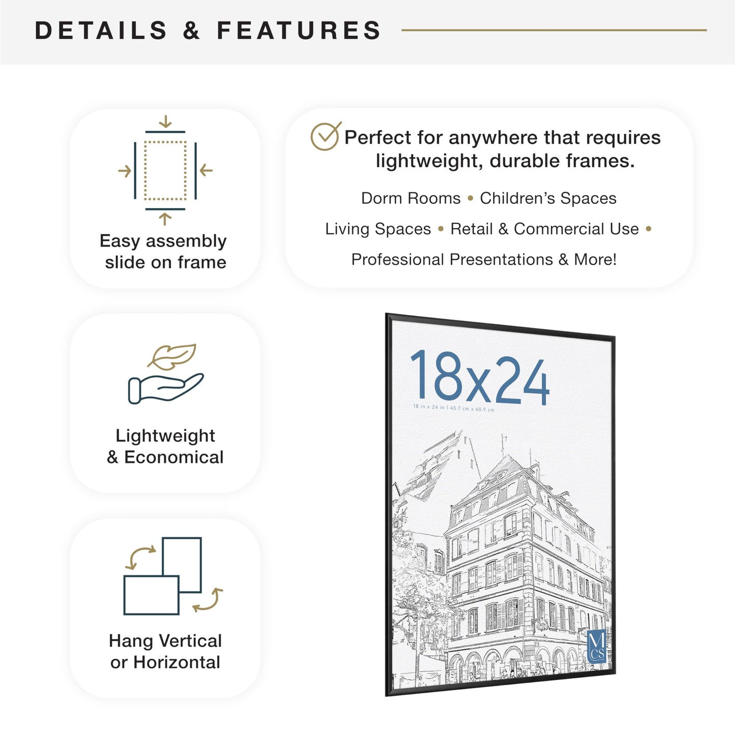 MCS Original Poster Frame 18x24 Black Lightweight Vertical & Horizontal Wall Hanging Large Picture Frame for Posters, Art Prints & Gallery Wall (6-Pack)