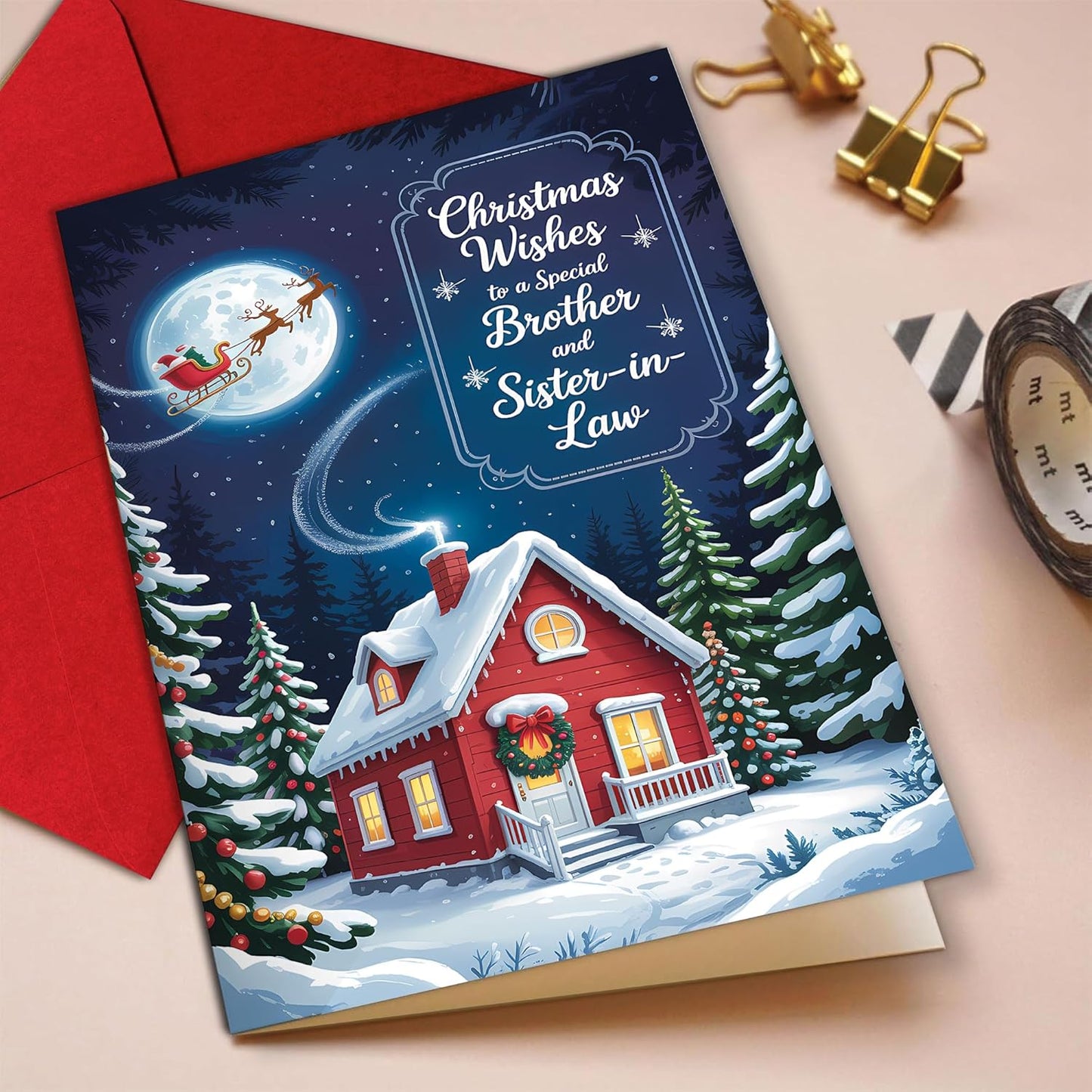 Regine Switzerland Christmas Card - Cozy Winter Cottage Design with Santa Sleigh | Festive Greeting for Brother & Sister-in-Law, 5.3''x8'' with Red Envelope