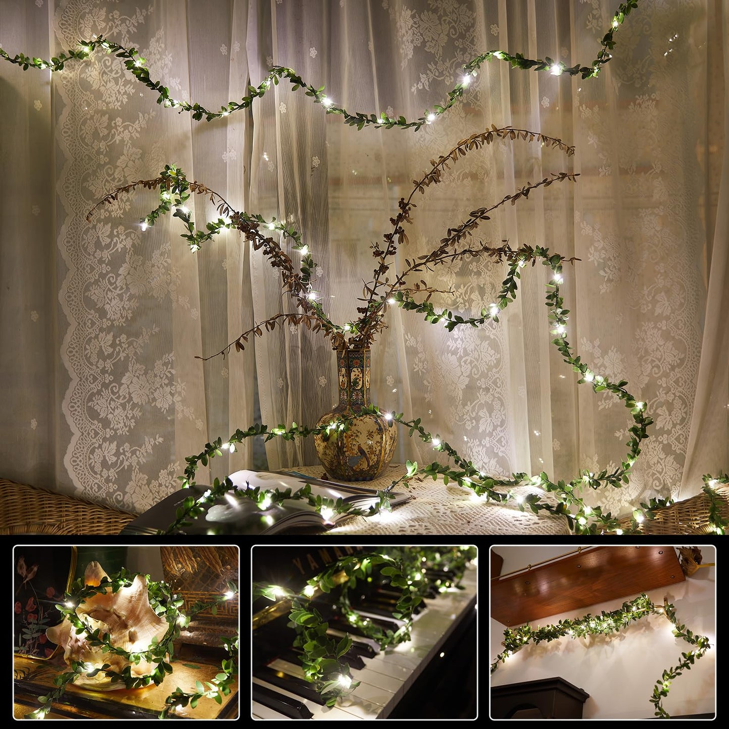 Ariceleo Artificial Garland LED Fairy String Lights – 1 Pack 16.4 ft Warm White Battery Operated Copper Wire with Remote | Indoor Use | 8 Lighting Modes - Ideal for Christmas, Weddings, Parties