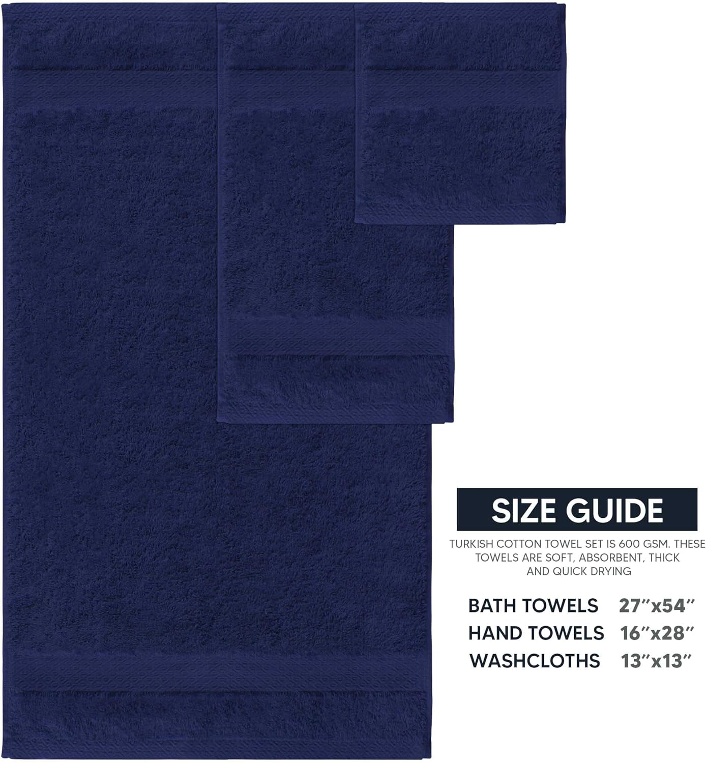 Turkish Towel Set by Skiennix - 100% Cotton 6-Piece Bathroom Towels in Navy | 2 Bath, 2 Hand, 2 Wash Cloths