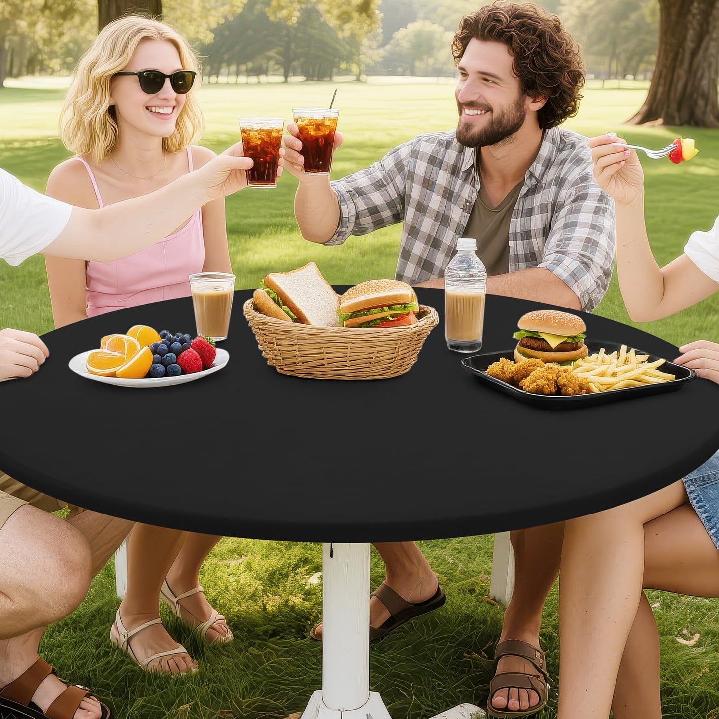 Smiry Round Spandex Tablecloth, Elastic Fitted Washable Tablecloths for 42"-50" Tables, Waterpoof Stretch Picnic Table Cover for Dining, Indoor and Outdoor, Black