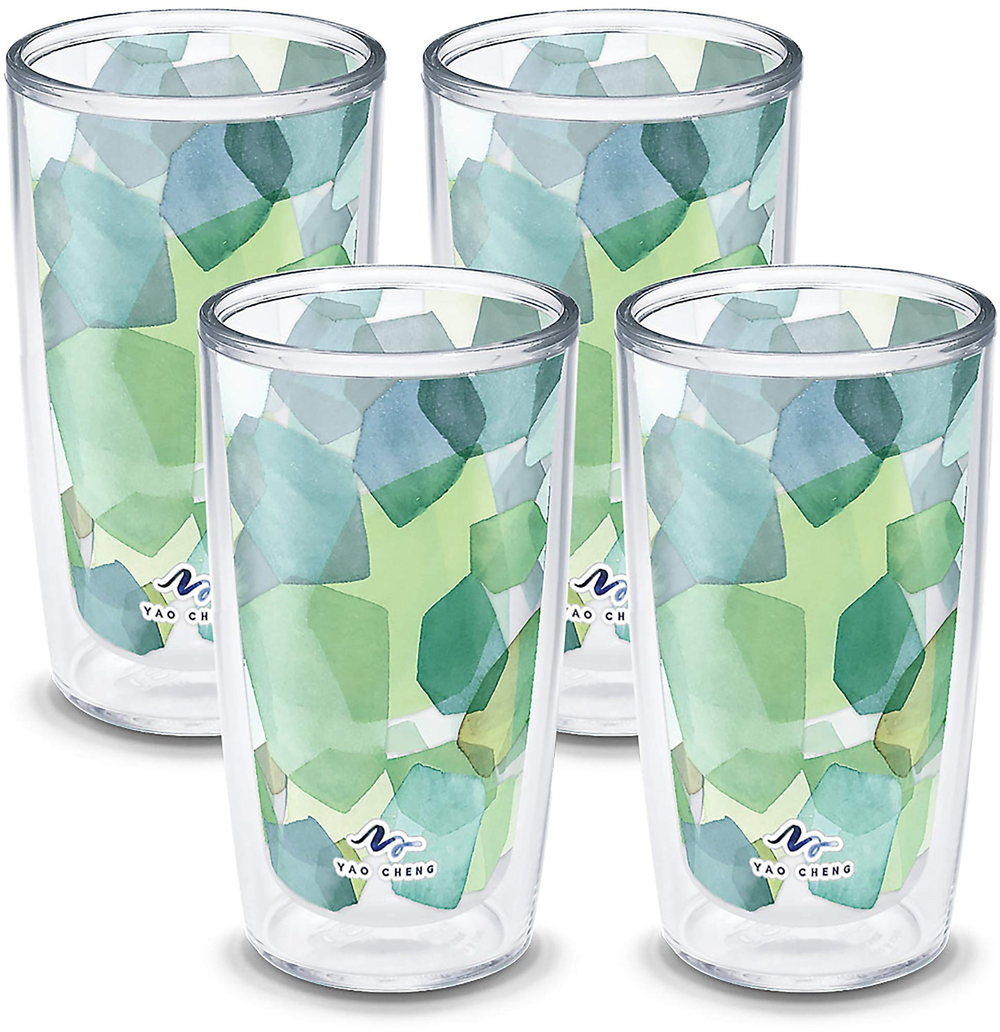 Tervis Yao Cheng Green Crystal Made in USA Double Walled Insulated Tumbler Travel Cup Keeps Drinks Cold & Hot, 16oz 4pk, Hexagon Green Blue
