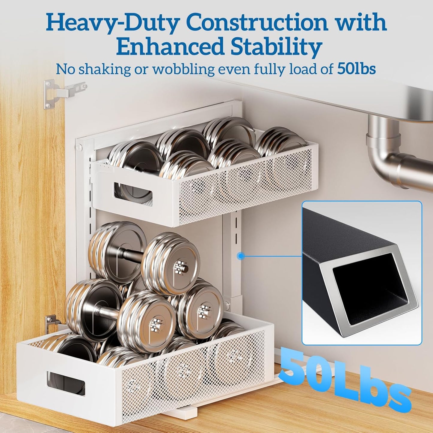 Skiennix Kitchen & Bathroom Organizer - Upgraded Guide Rail Design for Smooth Pull-Out | XL White Cabinet Storage