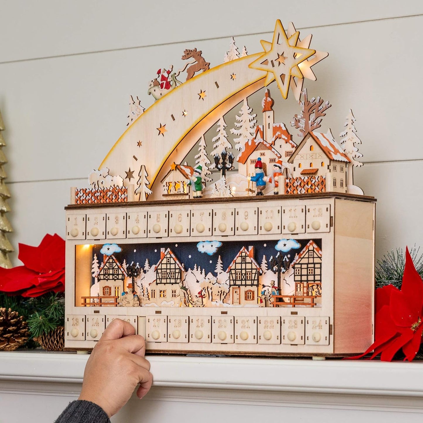 Best Choice Products Wooden Christmas Advent Calendar - Shooting Star Holiday Decor with LED Lights