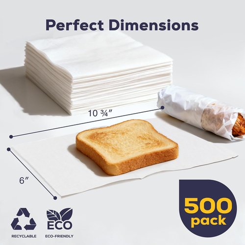 Fit Meal Prep Deli Wax Paper Sheets - 500 Pack, 6 x 10.75 Inches, Waterproof & Greaseproof Food Wraps