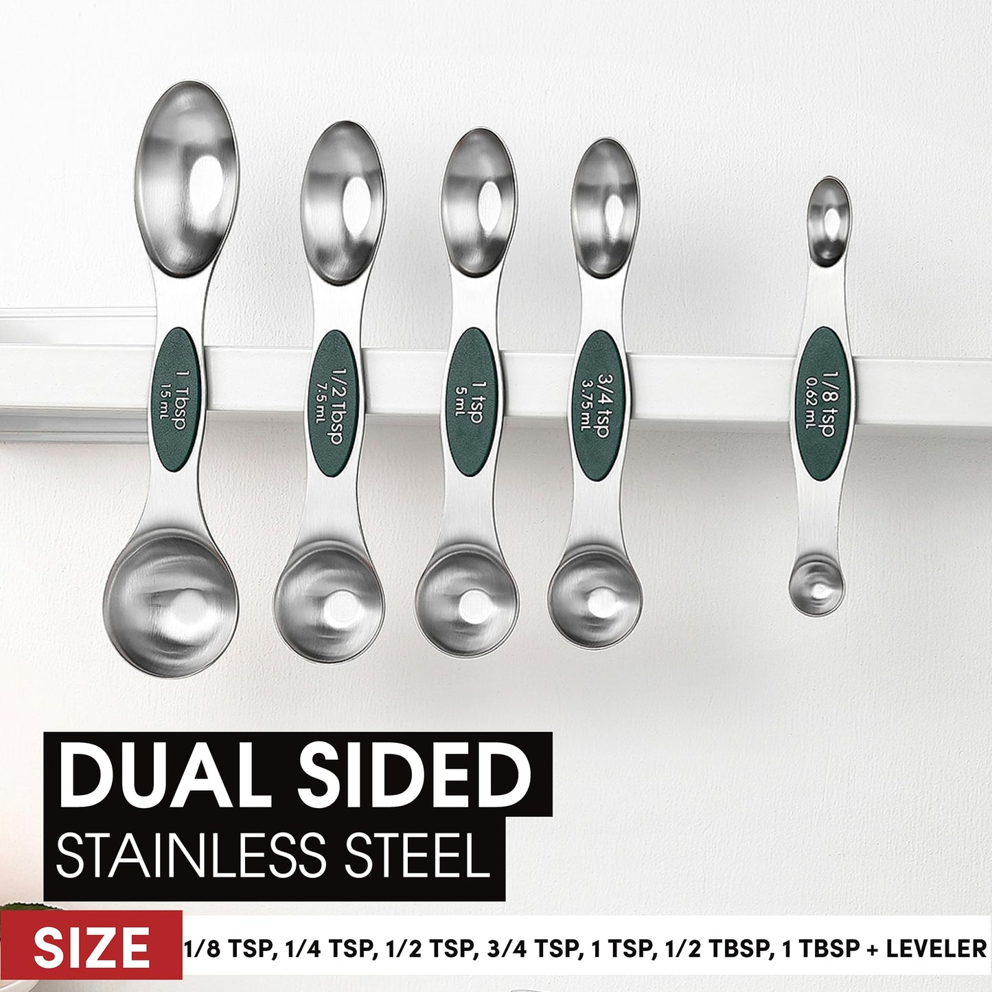 Spring Chef Stainless Steel Magnetic Measuring Spoons Set of 8 with Leveler, Stackable Magnetic Teaspoon & Tablespoon Set, Metal Kitchen Gadgets for Baking & Cooking, Fits in Spice Jars - Pine Green