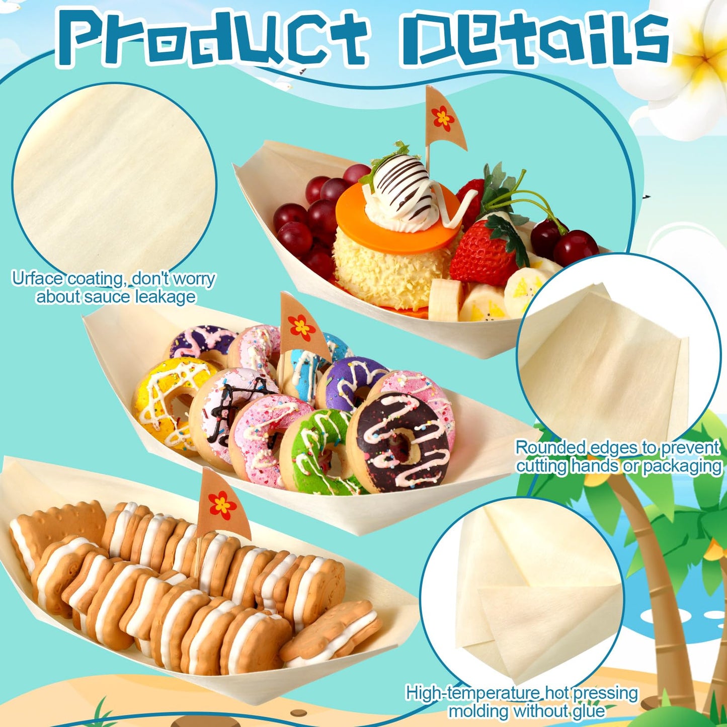 Nuogo 50 Pack 8 Inch Disposable Bamboo Boat Plates with Flower Flag Cake Topper Wooden Charcuterie Trays Serving Plates for Summer Birthday Party Decorations Tropical Hawaiian Favor Supplies