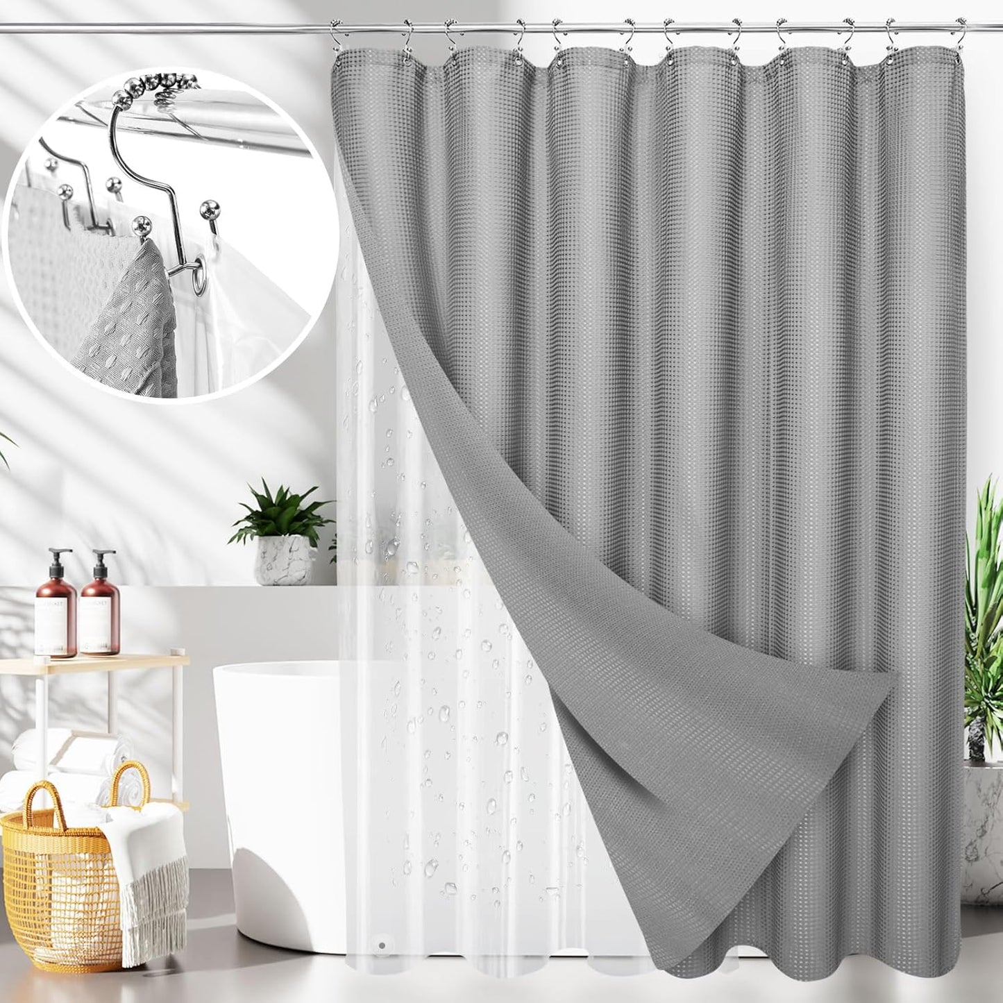 LaCyan Waterproof Waffle Weave Shower Curtain Set - 3 in 1 with Clear Liner & 12 Hooks | 72x84 Inches