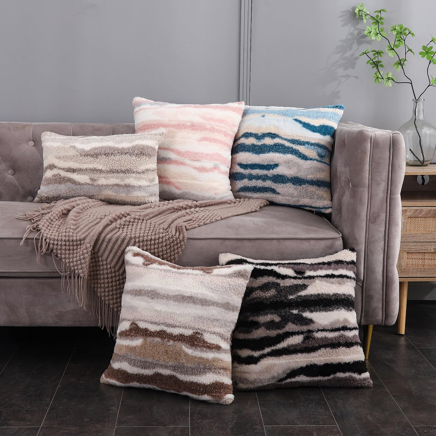 WOKANI Black Faux Fur Fluffy Throw Pillow Covers 20x20 Set of 2 Plush Boho Fuzzy Decorative Cushion Cases Home Indoor Decor Winter Decorations for Couch Bed Sofa,Beige White Grey