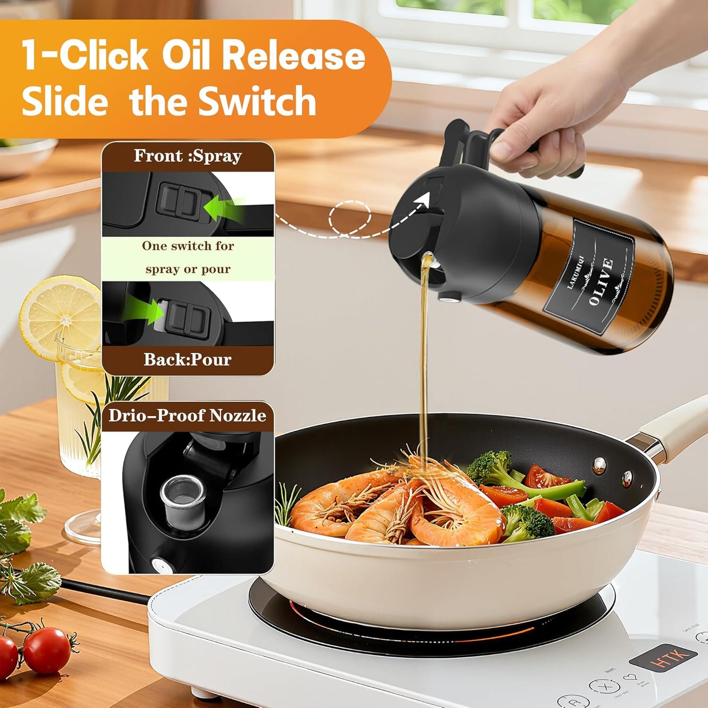 OURCABECUE Olive Oil Sprayer - 2 in 1 Cooking Dispenser Bottle, 16oz Food-Grade Glass with Stickers