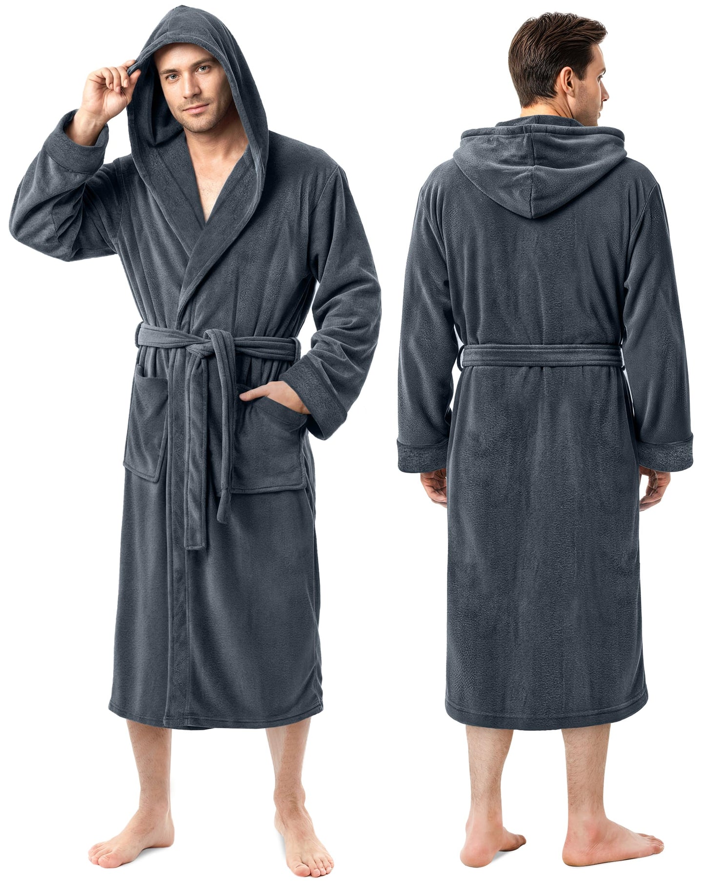 NY Threads Mens Robe with Hood, Luxury Plush Fleece Hooded Mens Bathrobe, Spa Bath Robe for Men, Small/Medium, Grey