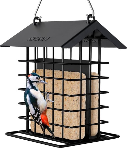 iBorn Suet Feeder - Squirrel-Proof Hanging Bird Feeder with Weatherproof Metal Roof | Black, 1 Pack