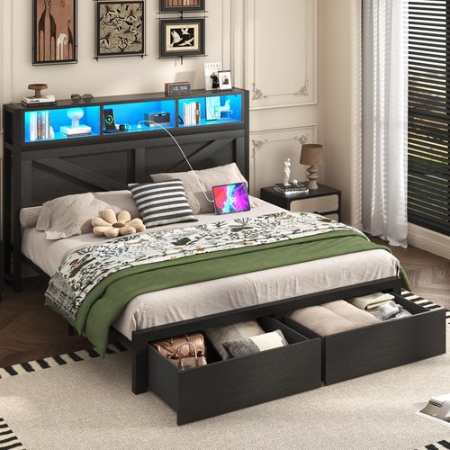 Incyneva Queen Bed Frame - Farmhouse Style with Bookcase Headboard, Charging Station & LED Light - Black