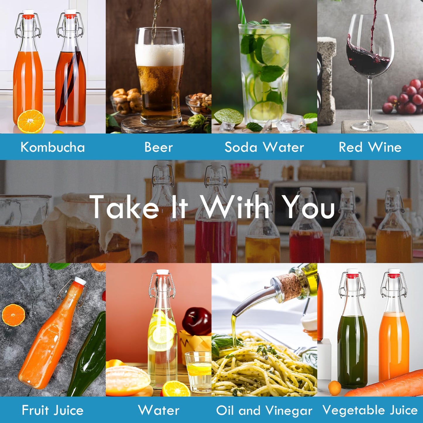 10 Pack 12oz Swing Top Glass Bottles Flip Top Beer Brewing Bottle with Stopper for Home Brewing 2nd Fermentation,Kombucha,Kefir,Vanilla Extract,Juice,Tea,Beverages,Soda,Oil,Vinegar,Limoncello,Wine