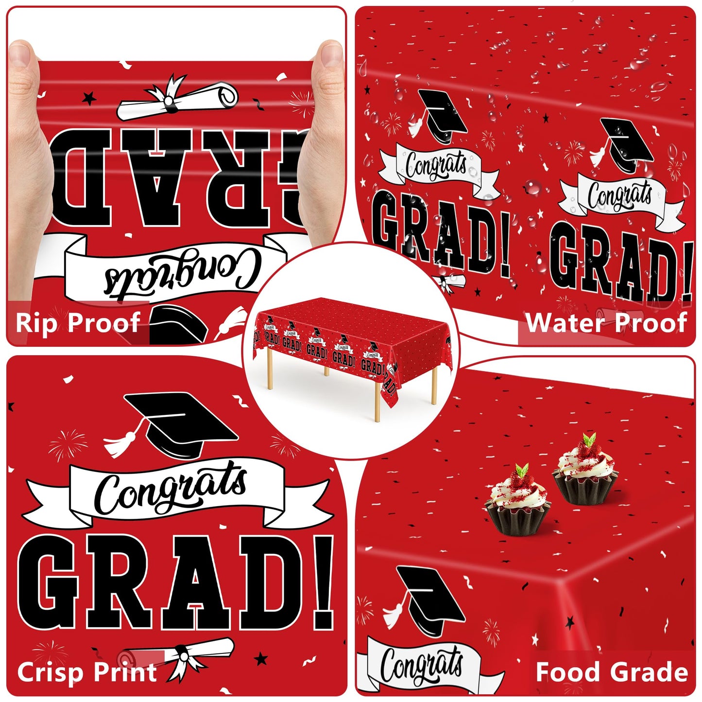QZYL 2 PCS Graduation Tablecloth, 108" X 54" Red Graduation Table Decorations 2026, Disposable Plastic Tablecover for Grad Decor Party Supplies, Rectangle Table Cloths for Class 2026 Congrats Grad