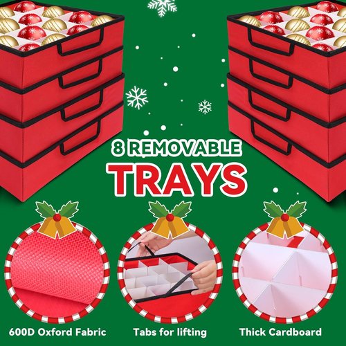 Christmas Ornament Storage Box - Durable 600D Oxford Organizer for 128 Balls | 8 Trays in Red