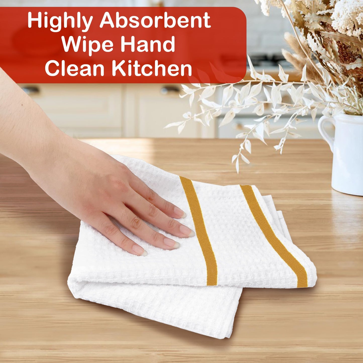 VOOVA & MOVAS White Dish Towels, Waffle Weave Kitchen Hand Towels 6PC - 100% Cotton | Soft | Absorb | Daily Use, Dish Towels for Kitchen，White Check with Yellow Stripe